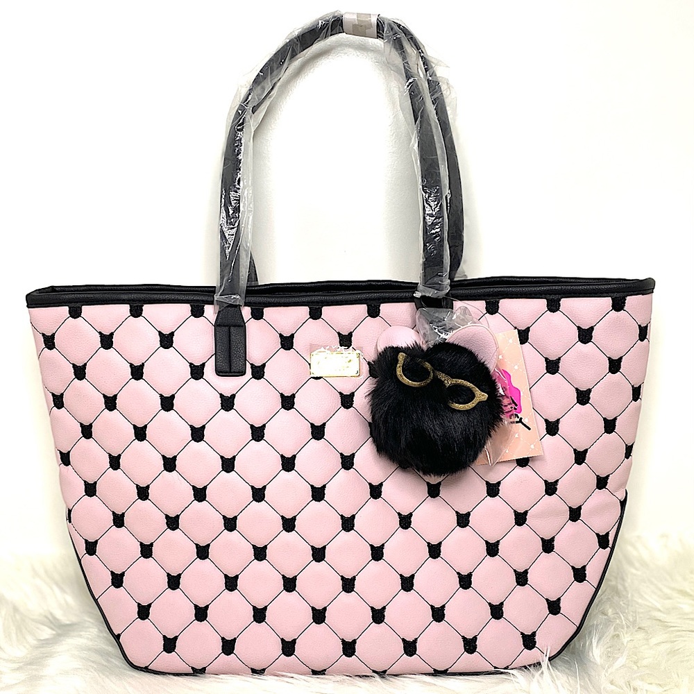 Betsey Johnson Quilted Pink & Black Tote Bag Decorated with Cats/Kittens NWT